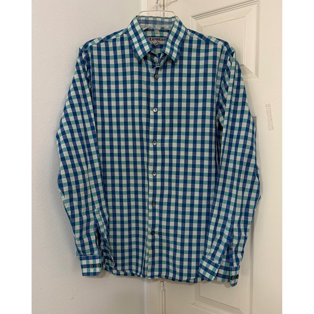 Express Mens sz M Fitted Gingham Button Down Shirt Blue Teal Check Long Sleeve